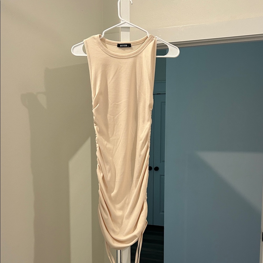 Beige Sleeveless Ruched Dress
